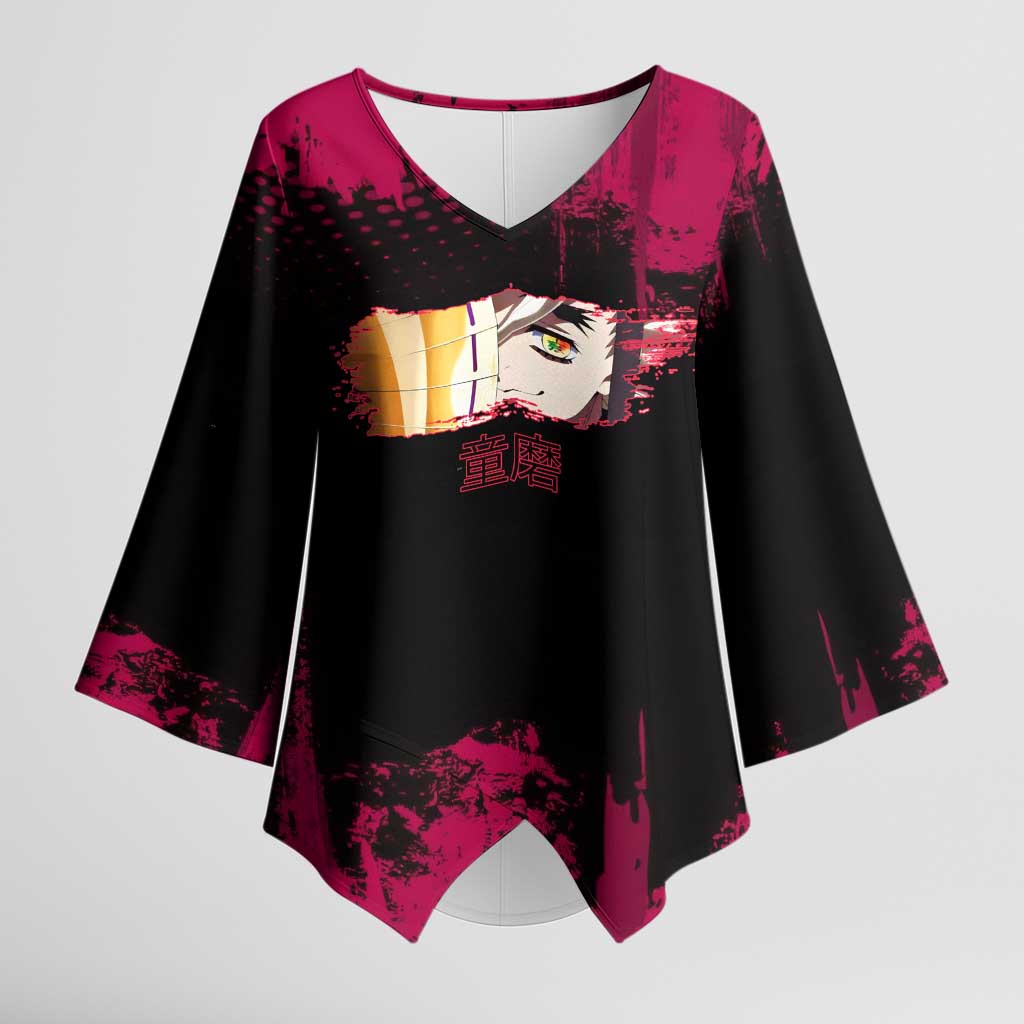 Douma Demon Slayer Red Grunge Design Kimono Sleeve Blouse with Fan Pose and Piercing Eyes Detail - The Mazicc