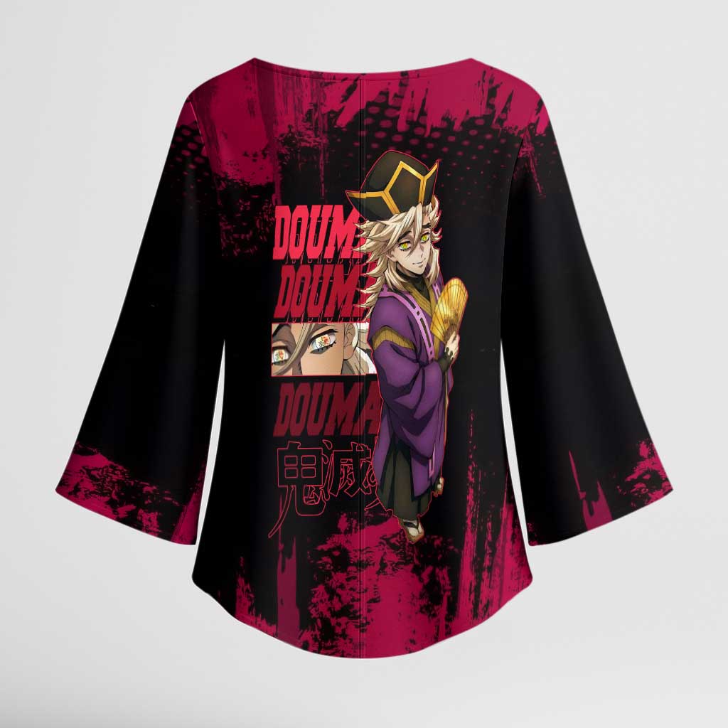 Douma Demon Slayer Red Grunge Design Kimono Sleeve Blouse with Fan Pose and Piercing Eyes Detail - The Mazicc