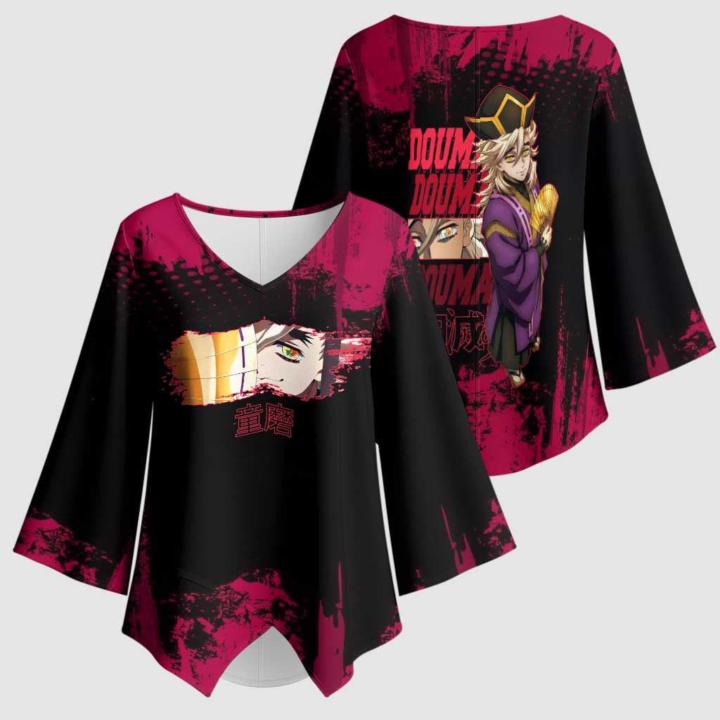Douma Demon Slayer Red Grunge Design Kimono Sleeve Blouse with Fan Pose and Piercing Eyes Detail - The Mazicc