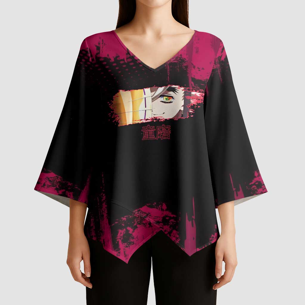 Douma Demon Slayer Red Grunge Design Kimono Sleeve Blouse with Fan Pose and Piercing Eyes Detail - The Mazicc