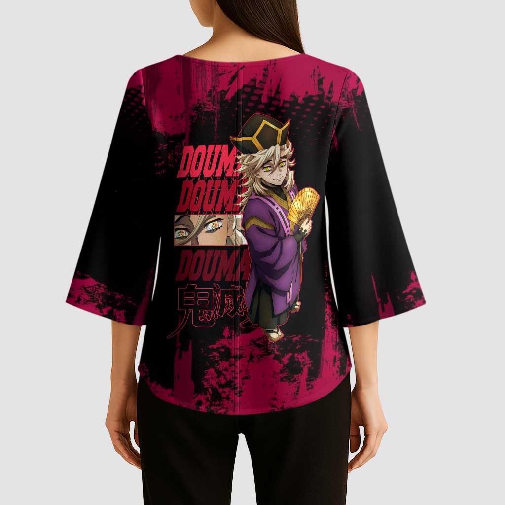 Douma Demon Slayer Red Grunge Design Kimono Sleeve Blouse with Fan Pose and Piercing Eyes Detail - The Mazicc