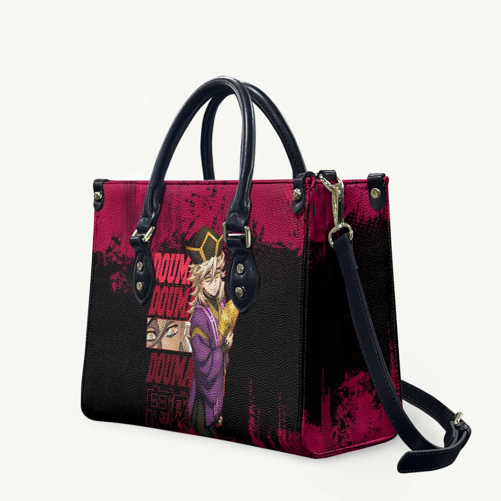 Douma Demon Slayer Red Grunge Design Leather Bag with Fan Pose and Piercing Eyes Detail - The Mazicc