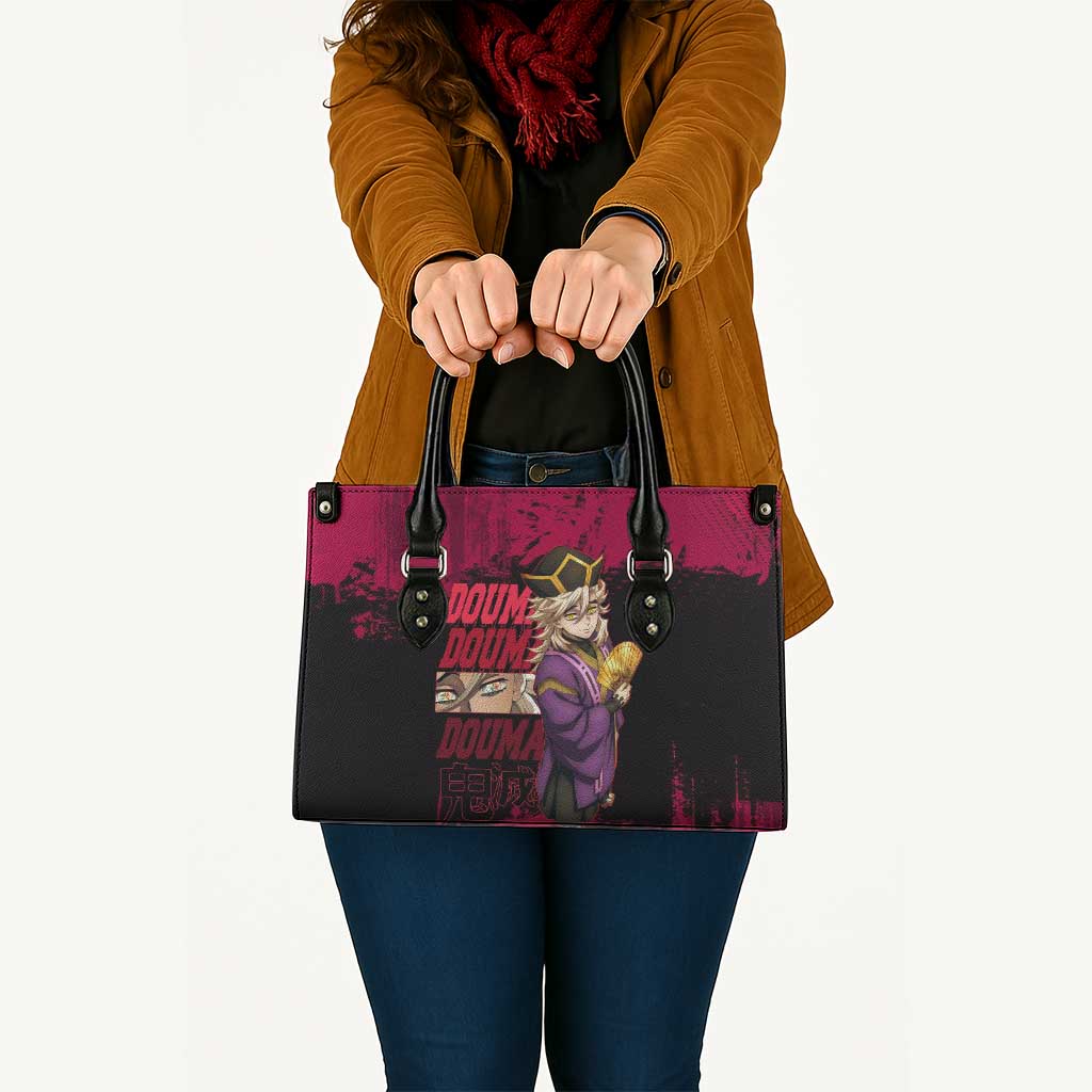 Douma Demon Slayer Red Grunge Design Leather Bag with Fan Pose and Piercing Eyes Detail - The Mazicc