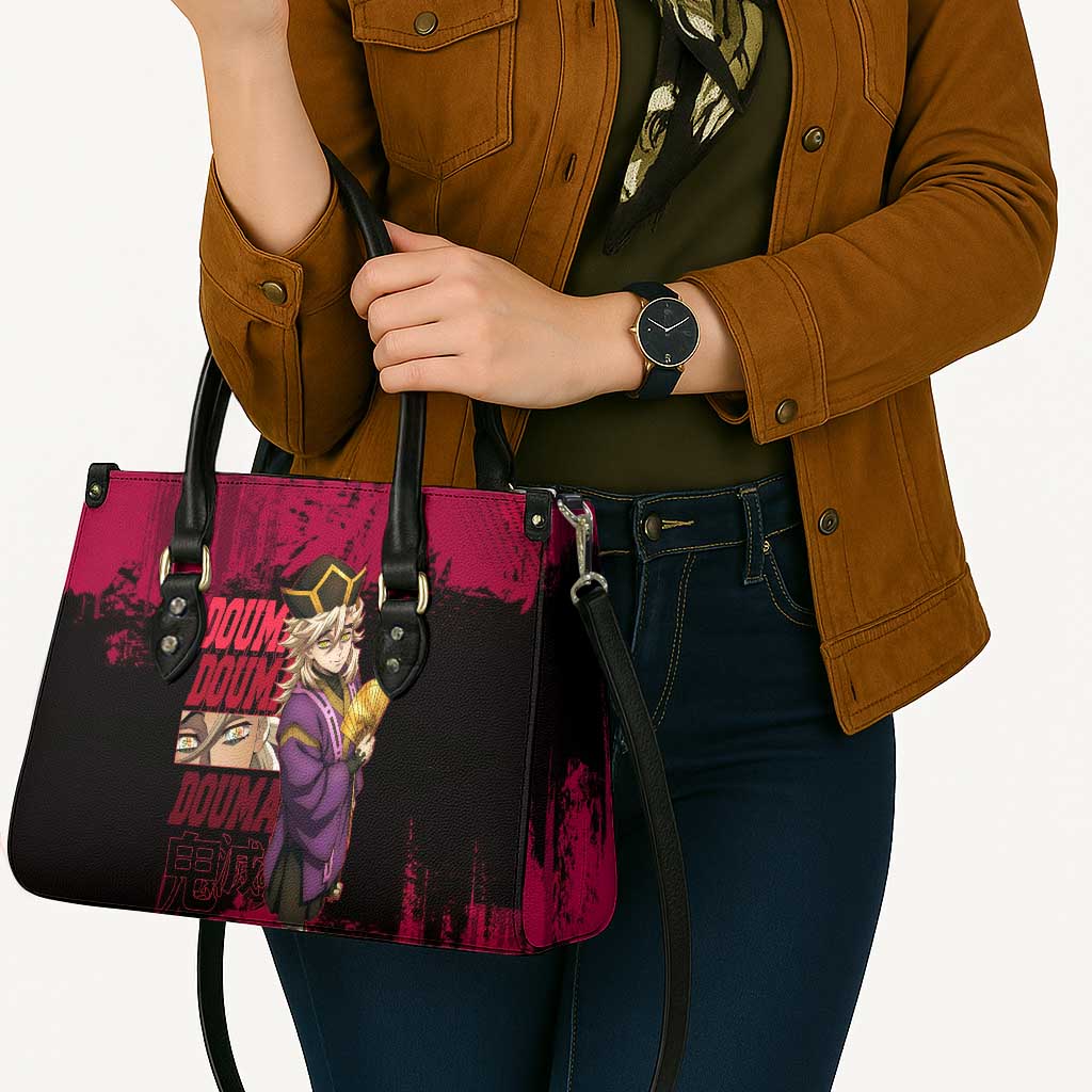 Douma Demon Slayer Red Grunge Design Leather Bag with Fan Pose and Piercing Eyes Detail - The Mazicc