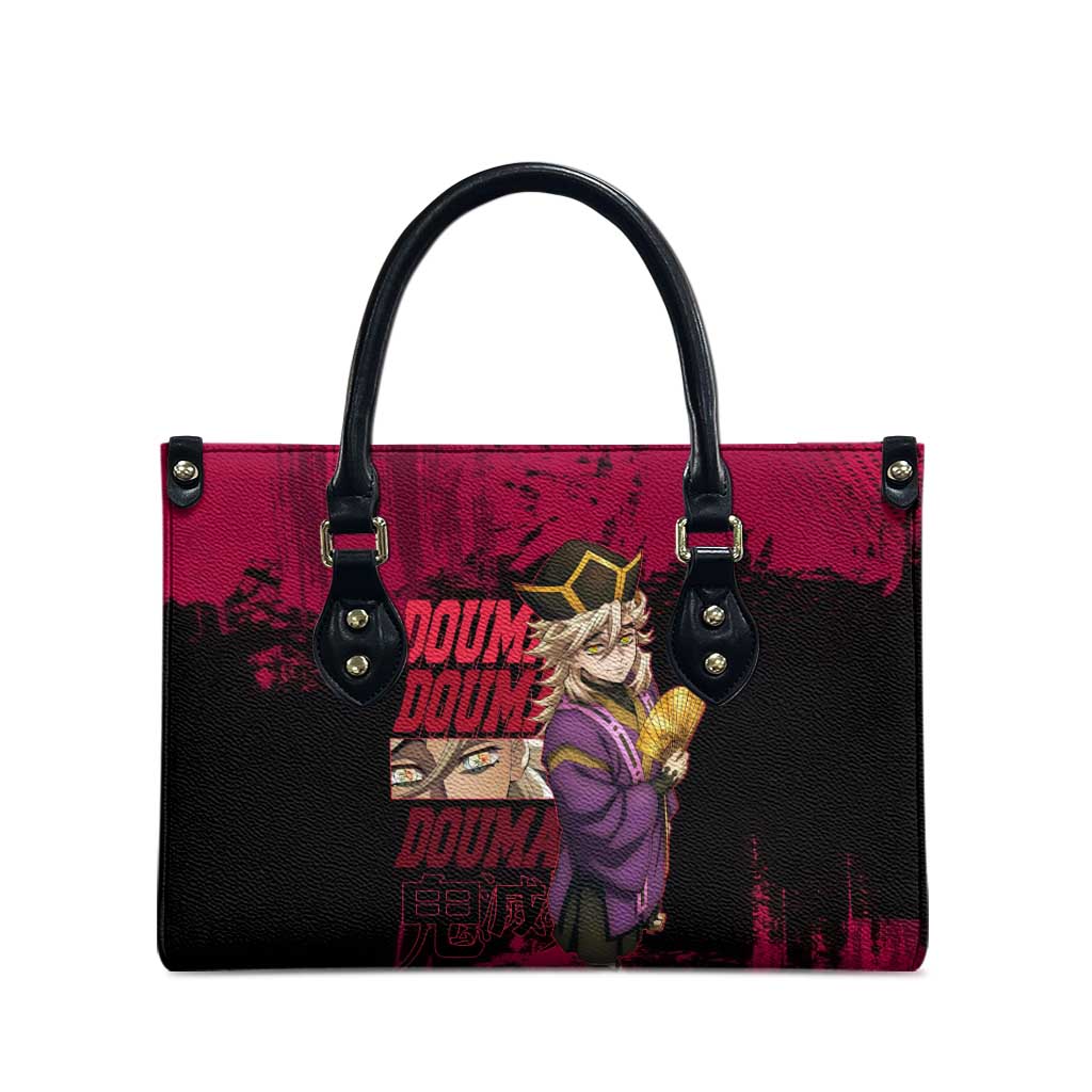 Douma Demon Slayer Red Grunge Design Leather Bag with Fan Pose and Piercing Eyes Detail - The Mazicc