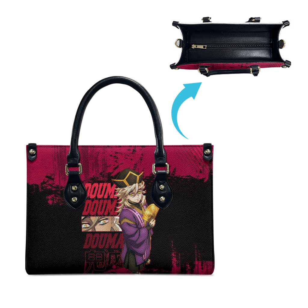 Douma Demon Slayer Red Grunge Design Leather Bag with Fan Pose and Piercing Eyes Detail - The Mazicc