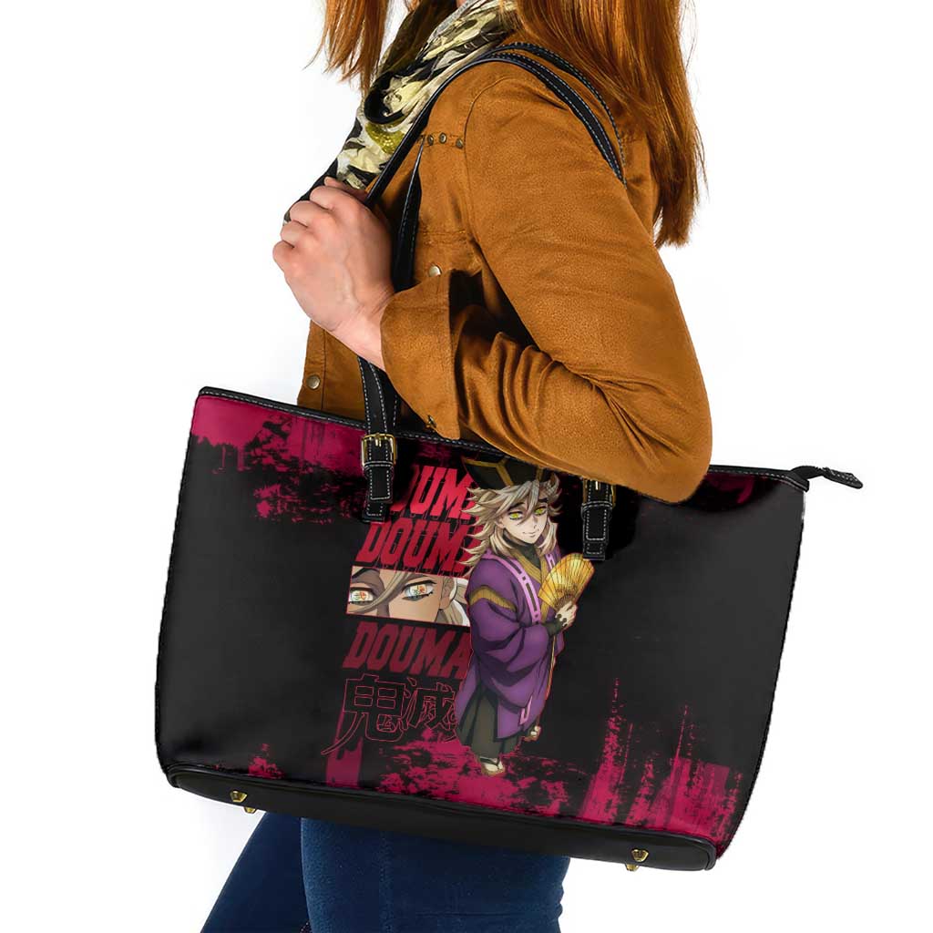 Douma Demon Slayer Red Grunge Design Leather Tote Bag with Fan Pose and Piercing Eyes Detail - The Mazicc