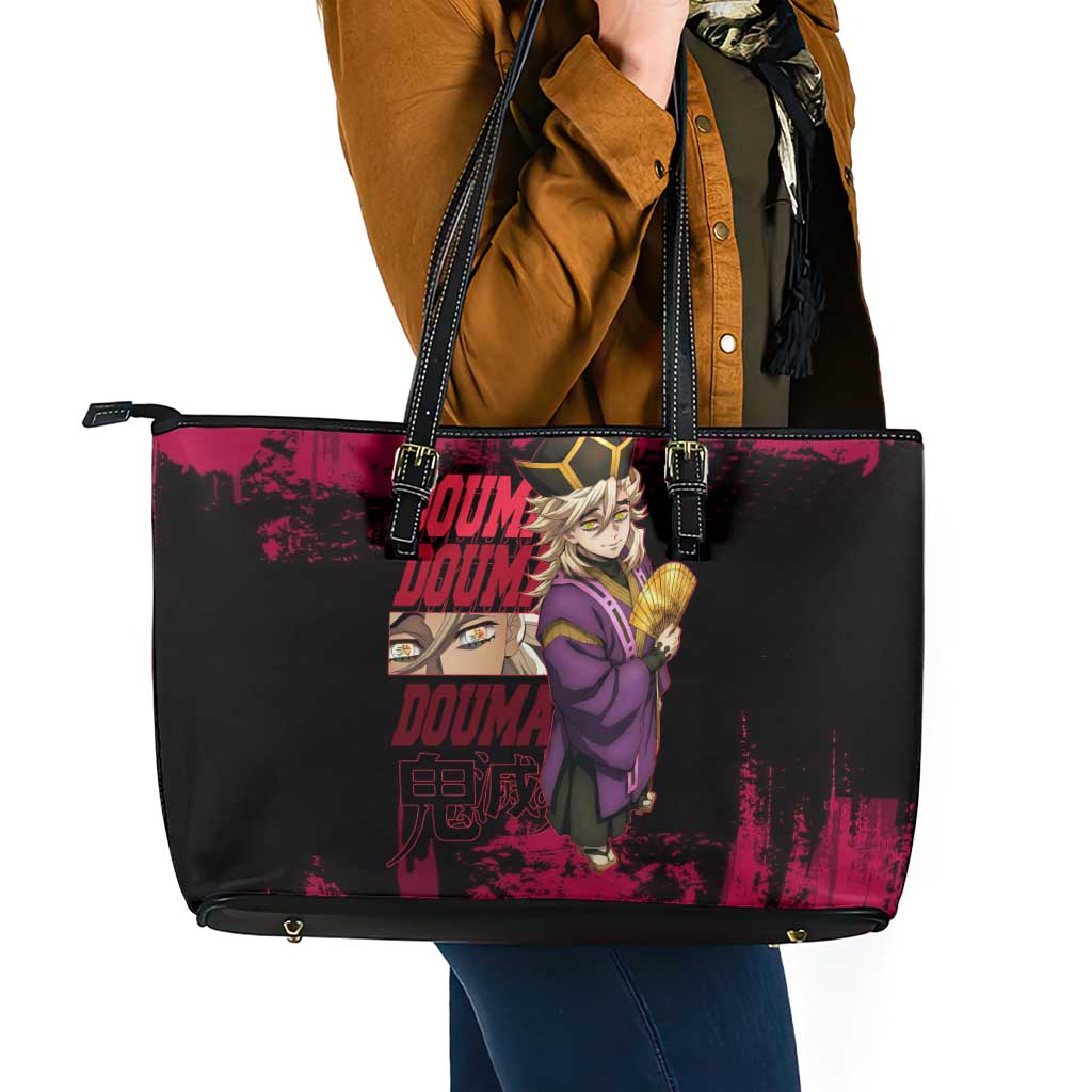 Douma Demon Slayer Red Grunge Design Leather Tote Bag with Fan Pose and Piercing Eyes Detail - The Mazicc