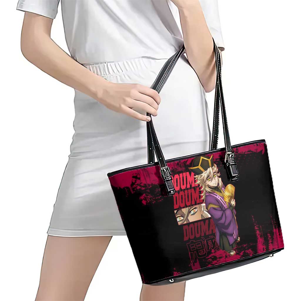 Douma Demon Slayer Red Grunge Design Leather Tote Bag with Fan Pose and Piercing Eyes Detail - The Mazicc