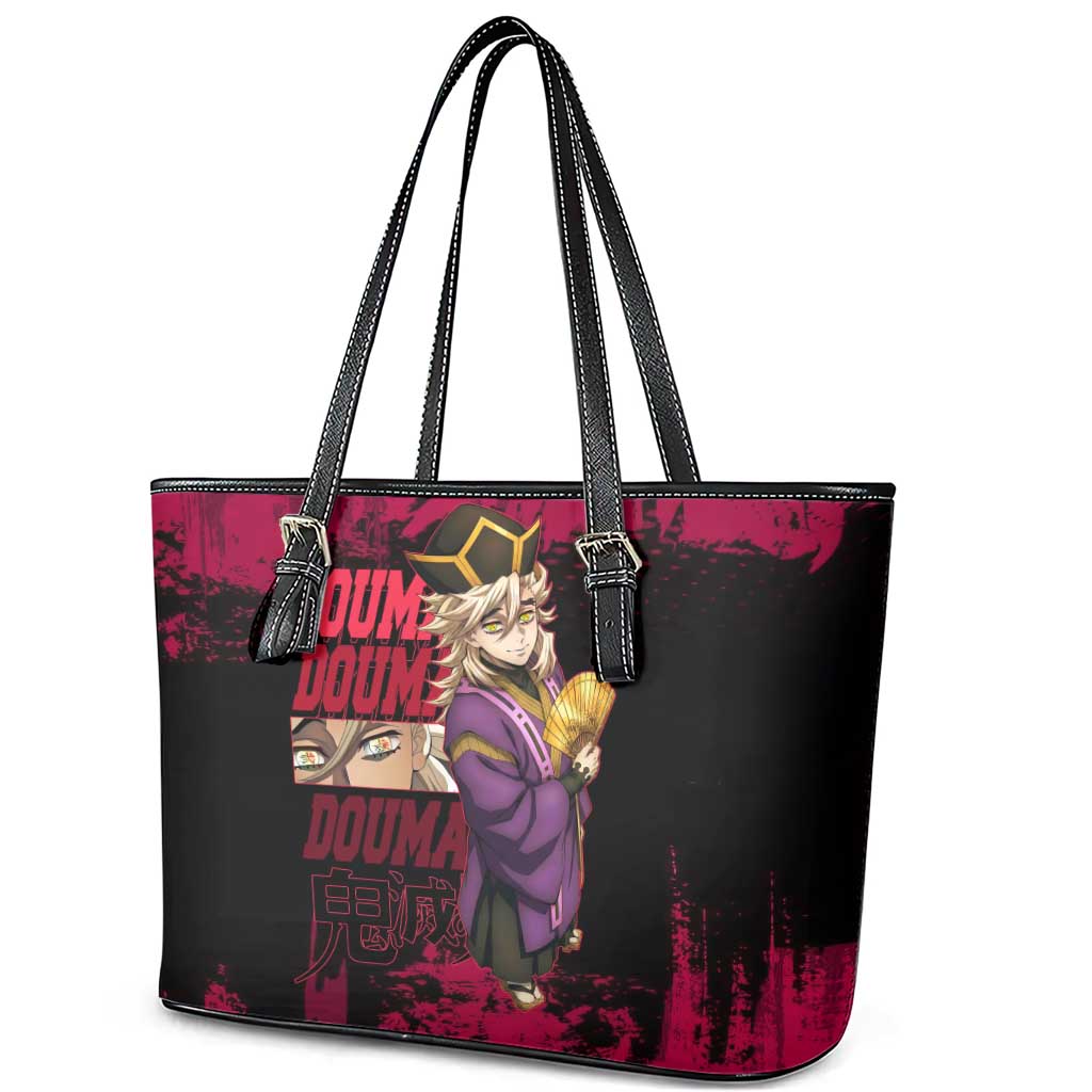 Douma Demon Slayer Red Grunge Design Leather Tote Bag with Fan Pose and Piercing Eyes Detail - The Mazicc