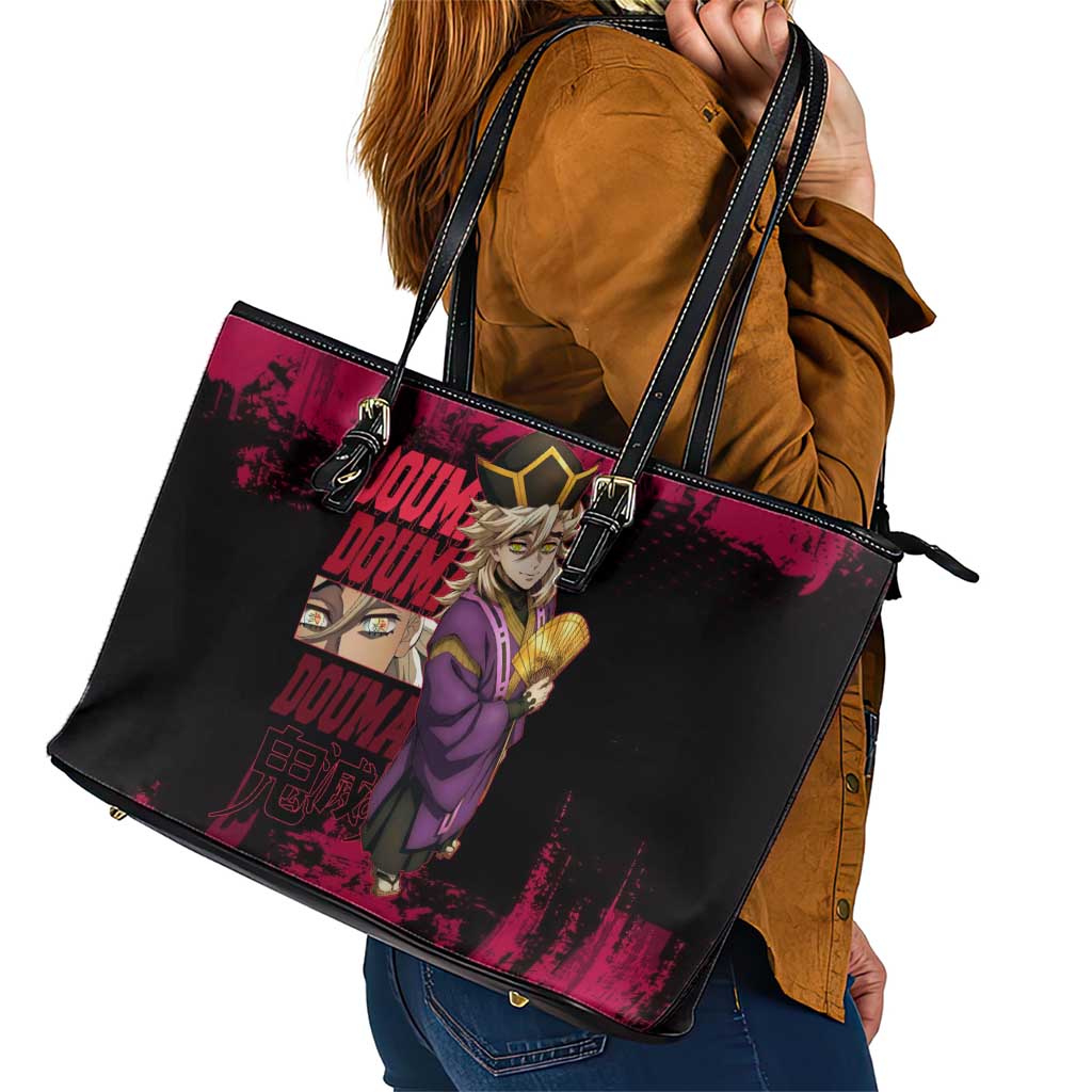 Douma Demon Slayer Red Grunge Design Leather Tote Bag with Fan Pose and Piercing Eyes Detail - The Mazicc