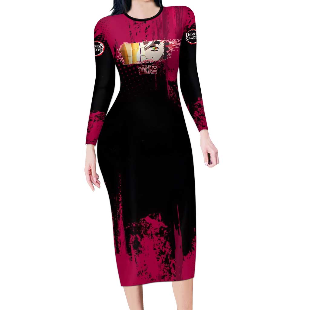 Douma Demon Slayer Red Grunge Design Long Sleeve Bodycon Dress with Fan Pose and Piercing Eyes Detail - The Mazicc