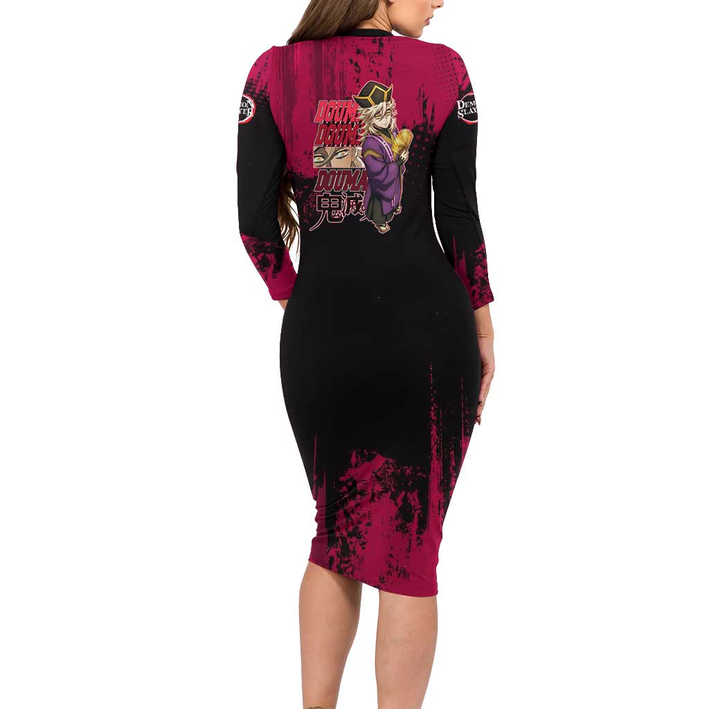 Douma Demon Slayer Red Grunge Design Long Sleeve Bodycon Dress with Fan Pose and Piercing Eyes Detail - The Mazicc