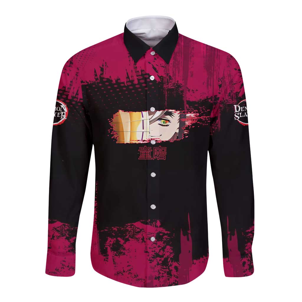 Douma Demon Slayer Red Grunge Design Long Sleeve Button Shirt with Fan Pose and Piercing Eyes Detail - The Mazicc