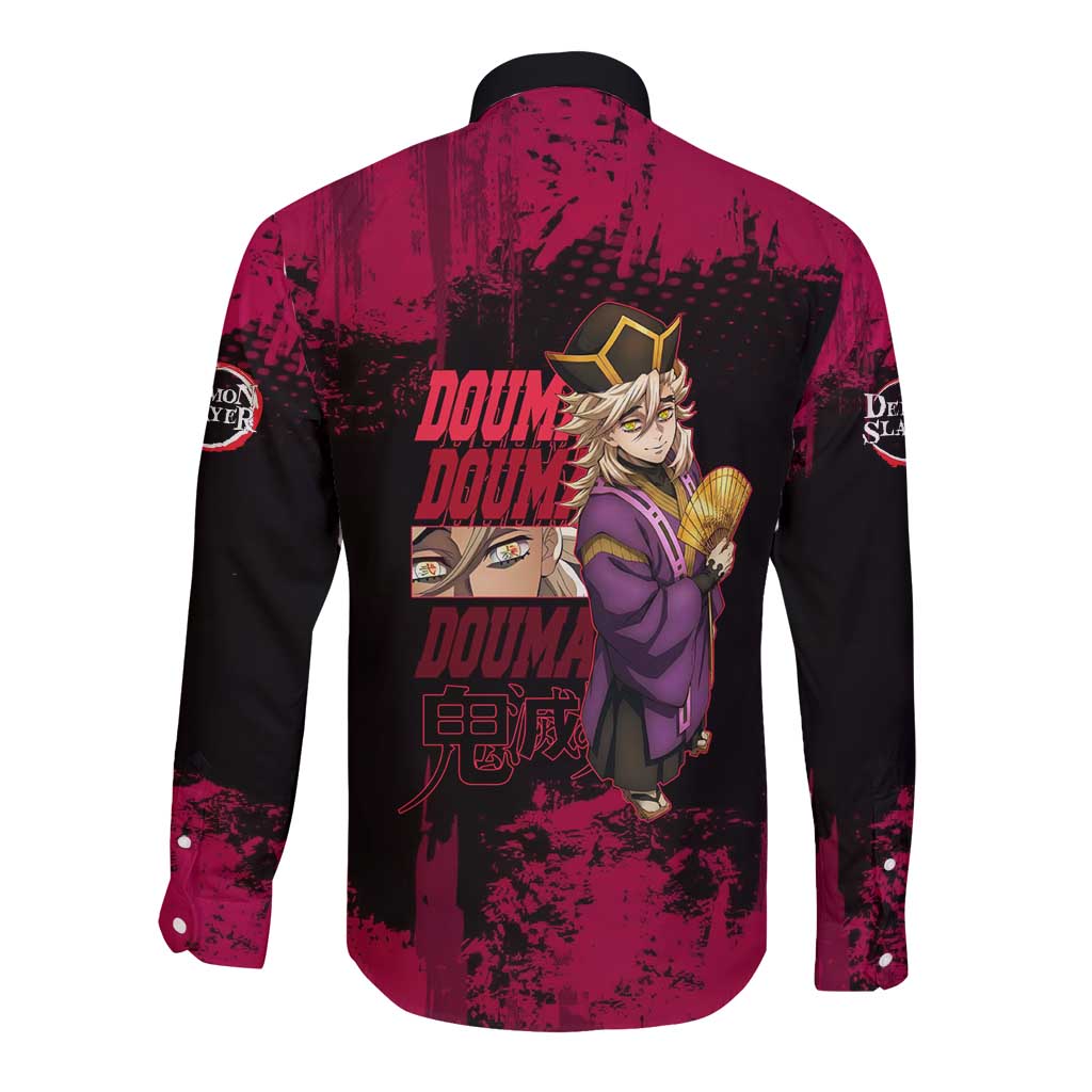 Douma Demon Slayer Red Grunge Design Long Sleeve Button Shirt with Fan Pose and Piercing Eyes Detail - The Mazicc