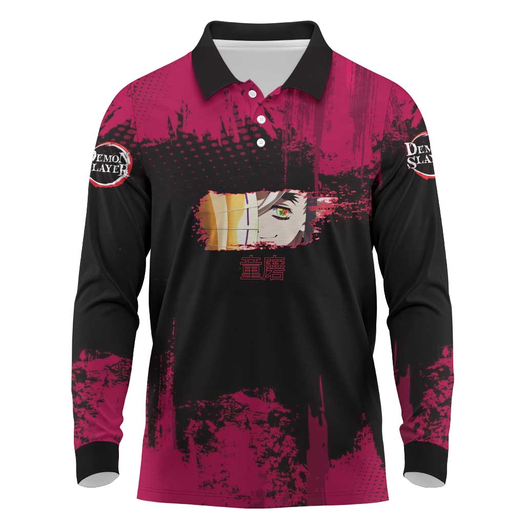 Douma Demon Slayer Red Grunge Design Long Sleeve Polo Shirt with Fan Pose and Piercing Eyes Detail - The Mazicc