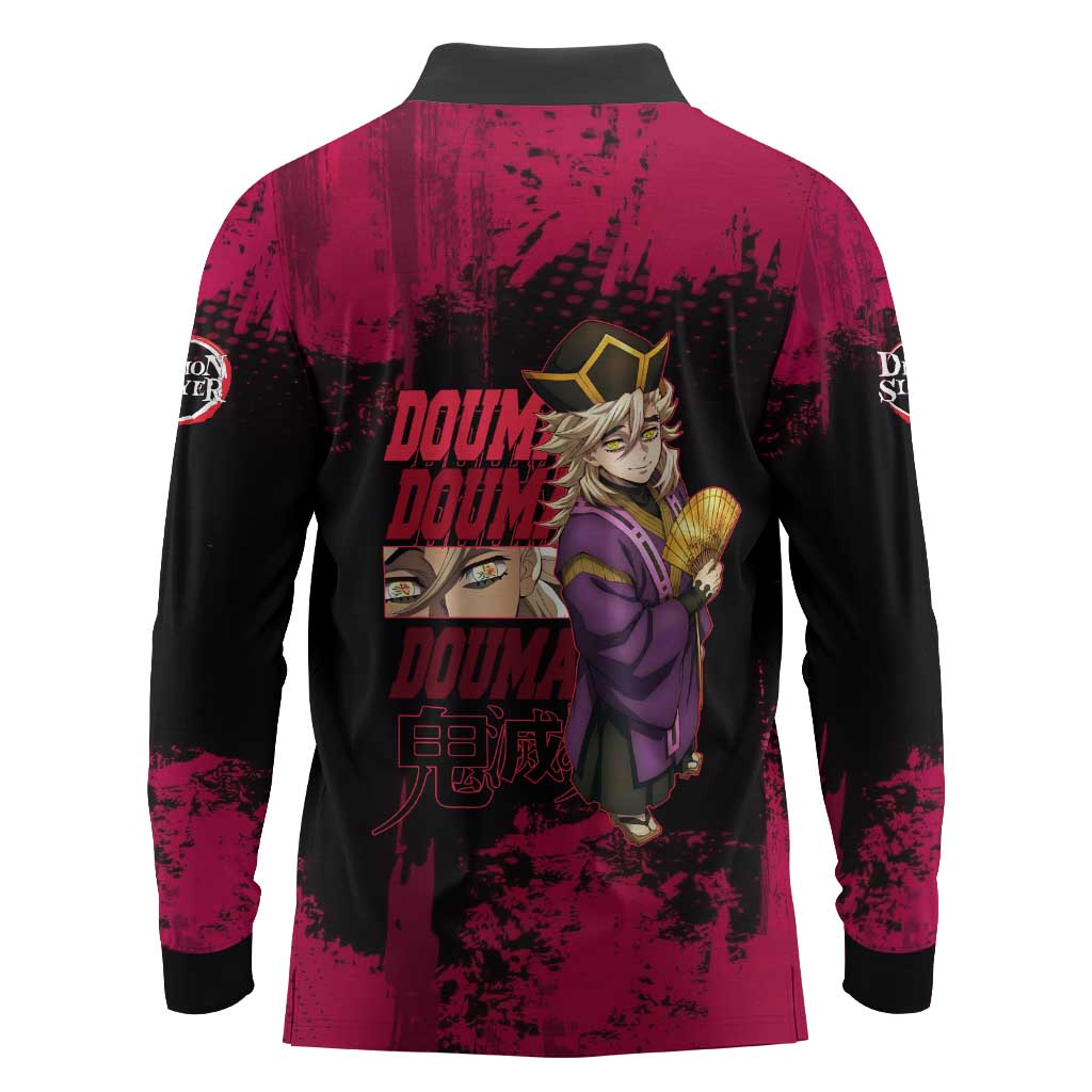 Douma Demon Slayer Red Grunge Design Long Sleeve Polo Shirt with Fan Pose and Piercing Eyes Detail - The Mazicc