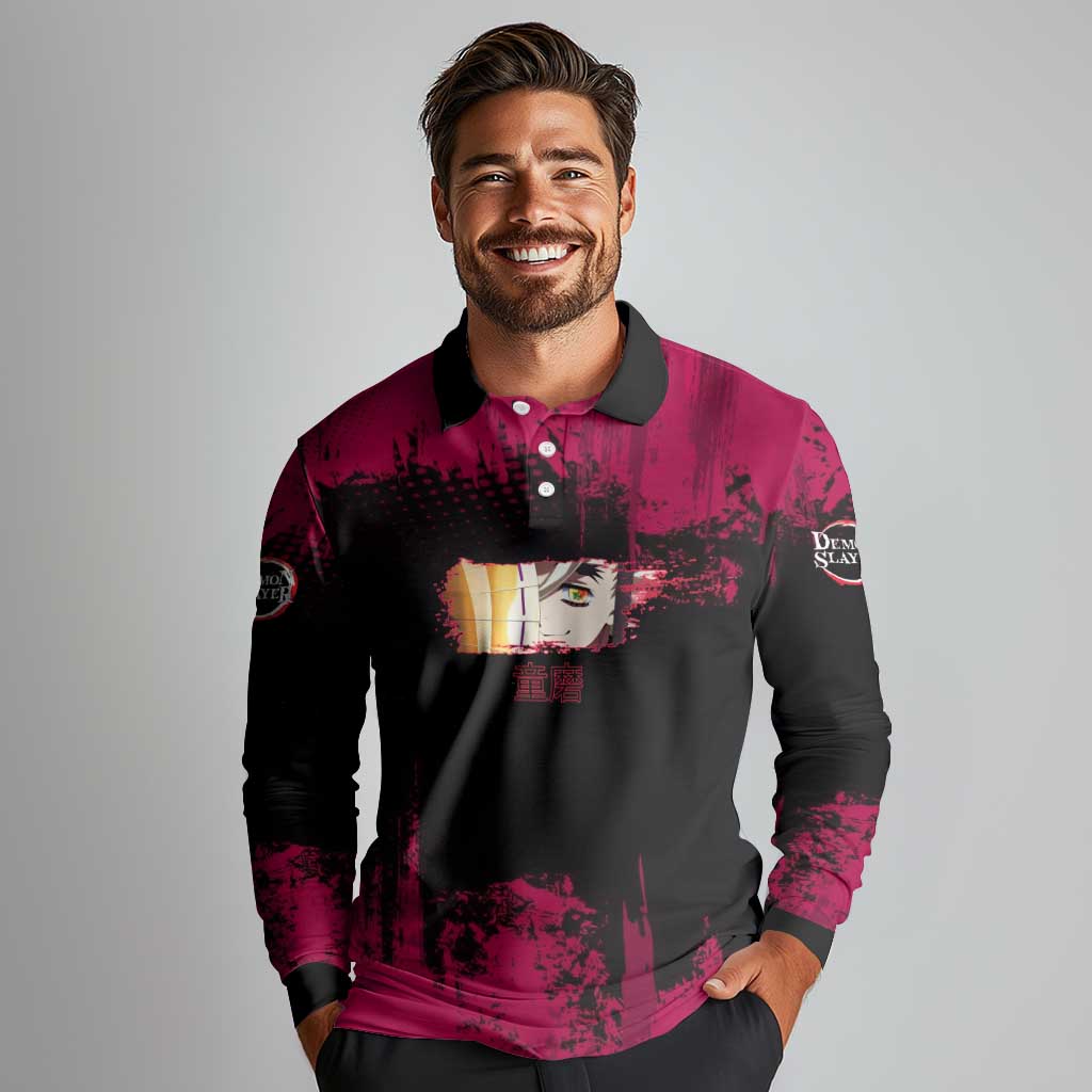 Douma Demon Slayer Red Grunge Design Long Sleeve Polo Shirt with Fan Pose and Piercing Eyes Detail - The Mazicc
