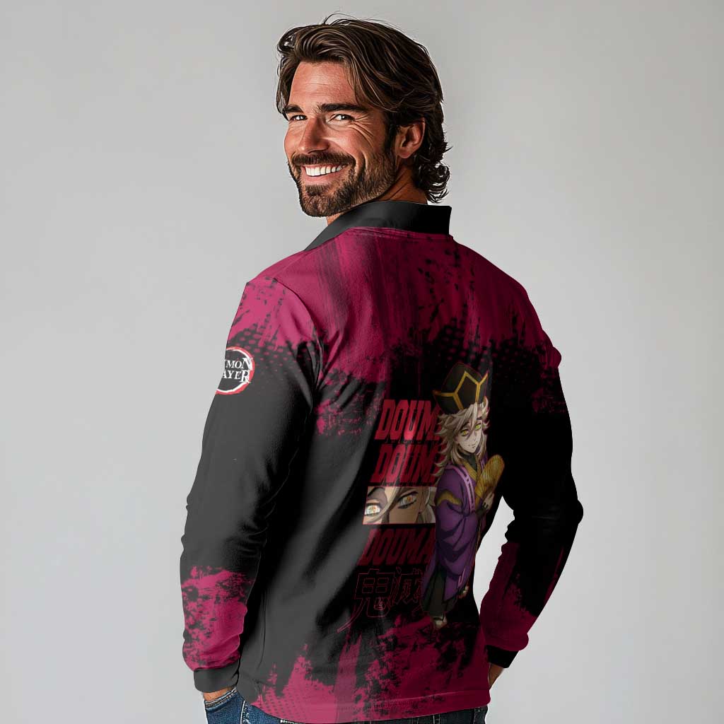 Douma Demon Slayer Red Grunge Design Long Sleeve Polo Shirt with Fan Pose and Piercing Eyes Detail - The Mazicc