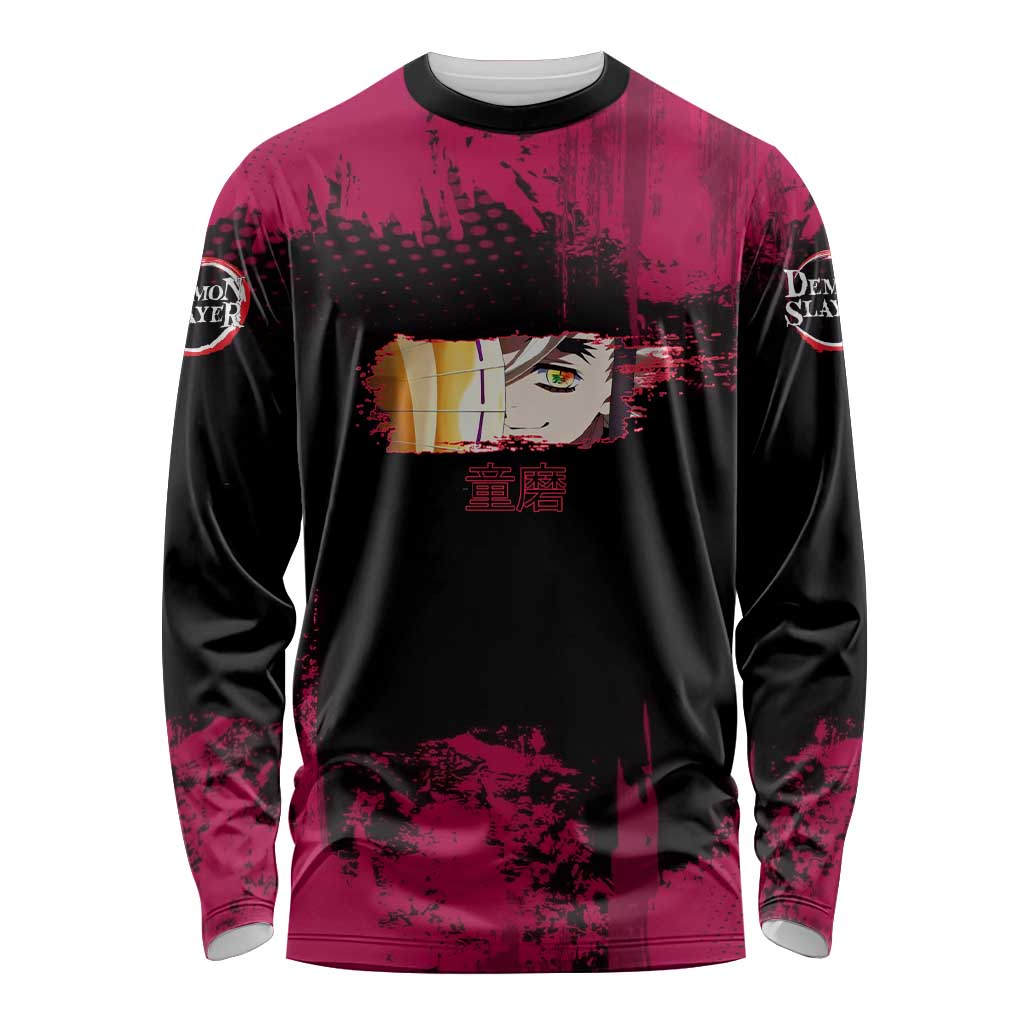 Douma Demon Slayer Red Grunge Design Long Sleeve Shirt with Fan Pose and Piercing Eyes Detail - The Mazicc