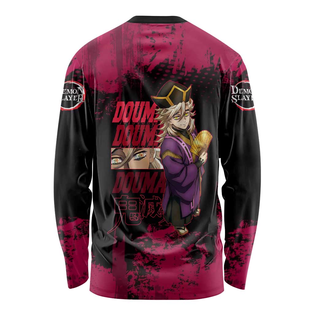 Douma Demon Slayer Red Grunge Design Long Sleeve Shirt with Fan Pose and Piercing Eyes Detail - The Mazicc