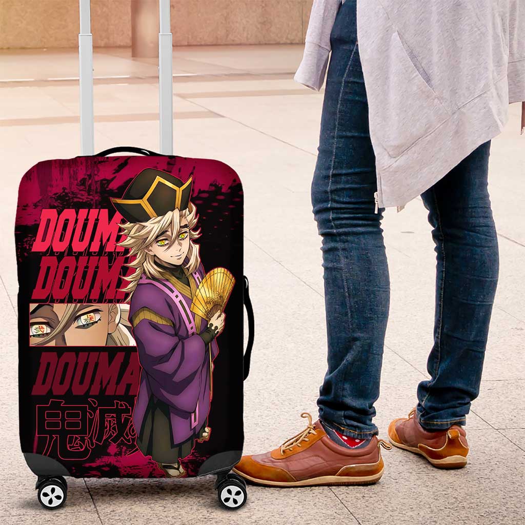 Douma Demon Slayer Red Grunge Design Luggage Cover with Fan Pose and Piercing Eyes Detail - The Mazicc