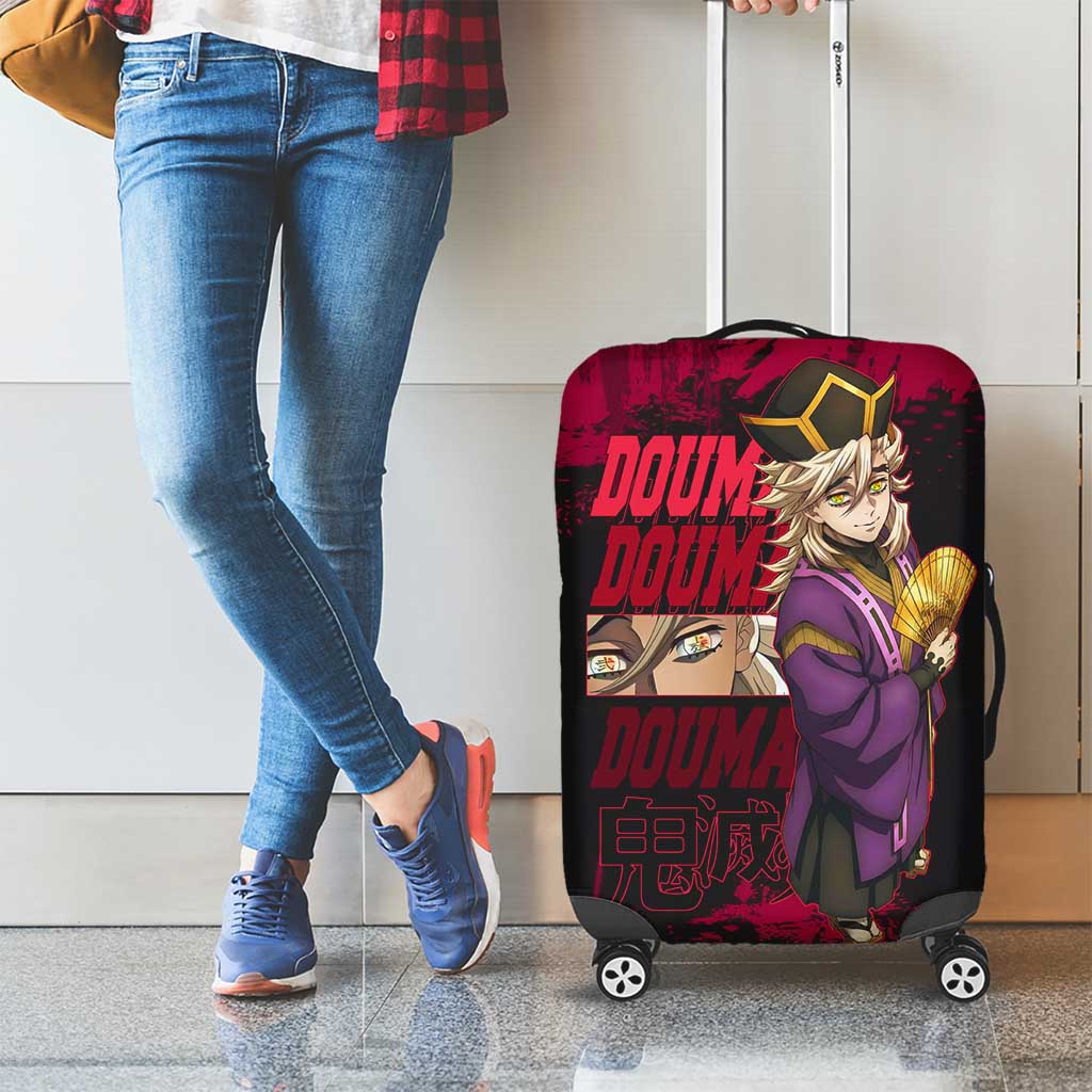 Douma Demon Slayer Red Grunge Design Luggage Cover with Fan Pose and Piercing Eyes Detail - The Mazicc