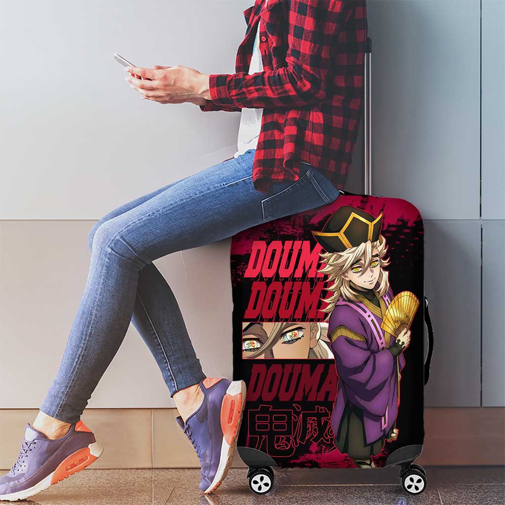 Douma Demon Slayer Red Grunge Design Luggage Cover with Fan Pose and Piercing Eyes Detail - The Mazicc