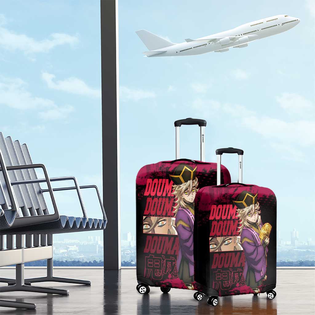 Douma Demon Slayer Red Grunge Design Luggage Cover with Fan Pose and Piercing Eyes Detail - The Mazicc