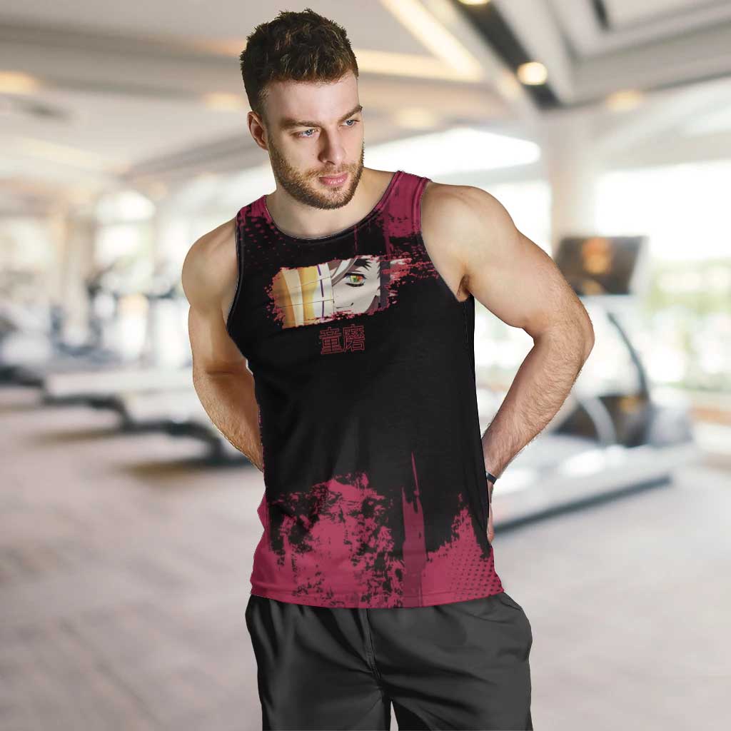 Douma Demon Slayer Red Grunge Design Men Tank Top with Fan Pose and Piercing Eyes Detail - The Mazicc