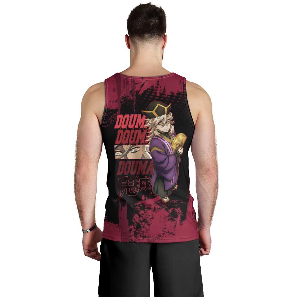 Douma Demon Slayer Red Grunge Design Men Tank Top with Fan Pose and Piercing Eyes Detail - The Mazicc