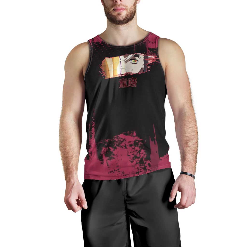 Douma Demon Slayer Red Grunge Design Men Tank Top with Fan Pose and Piercing Eyes Detail - The Mazicc