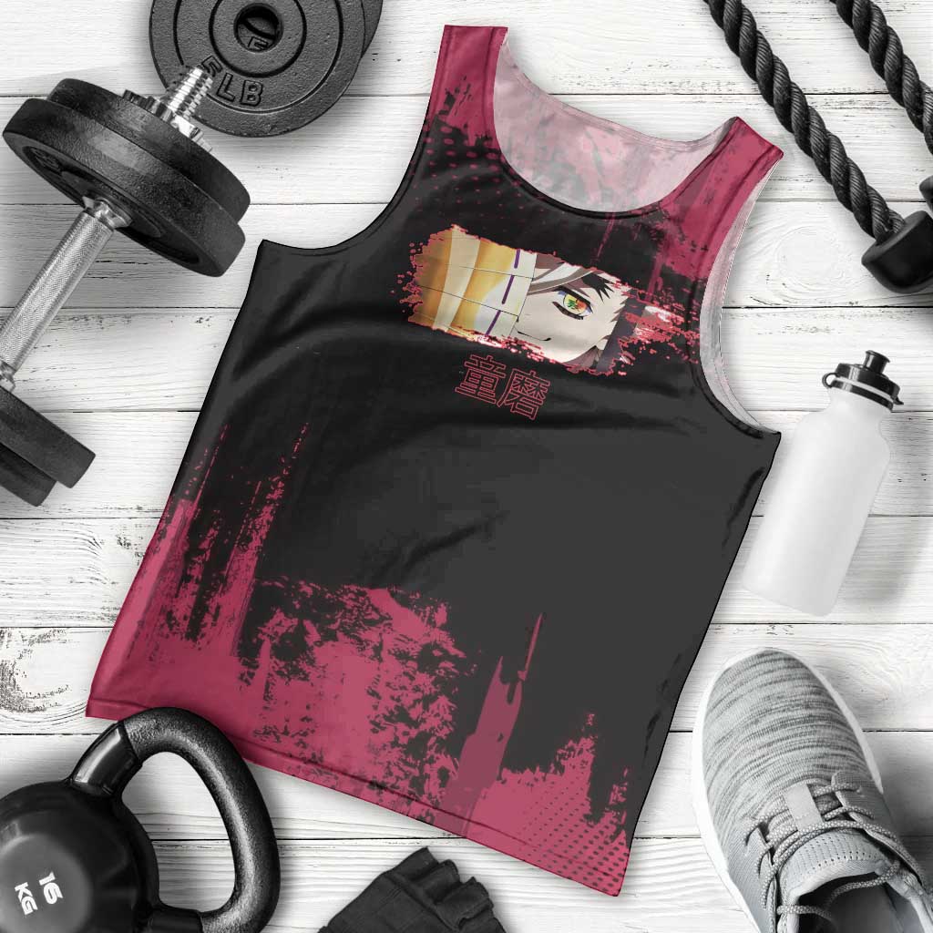 Douma Demon Slayer Red Grunge Design Men Tank Top with Fan Pose and Piercing Eyes Detail - The Mazicc