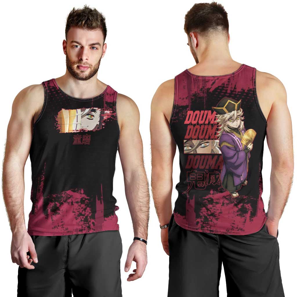 Douma Demon Slayer Red Grunge Design Men Tank Top with Fan Pose and Piercing Eyes Detail - The Mazicc