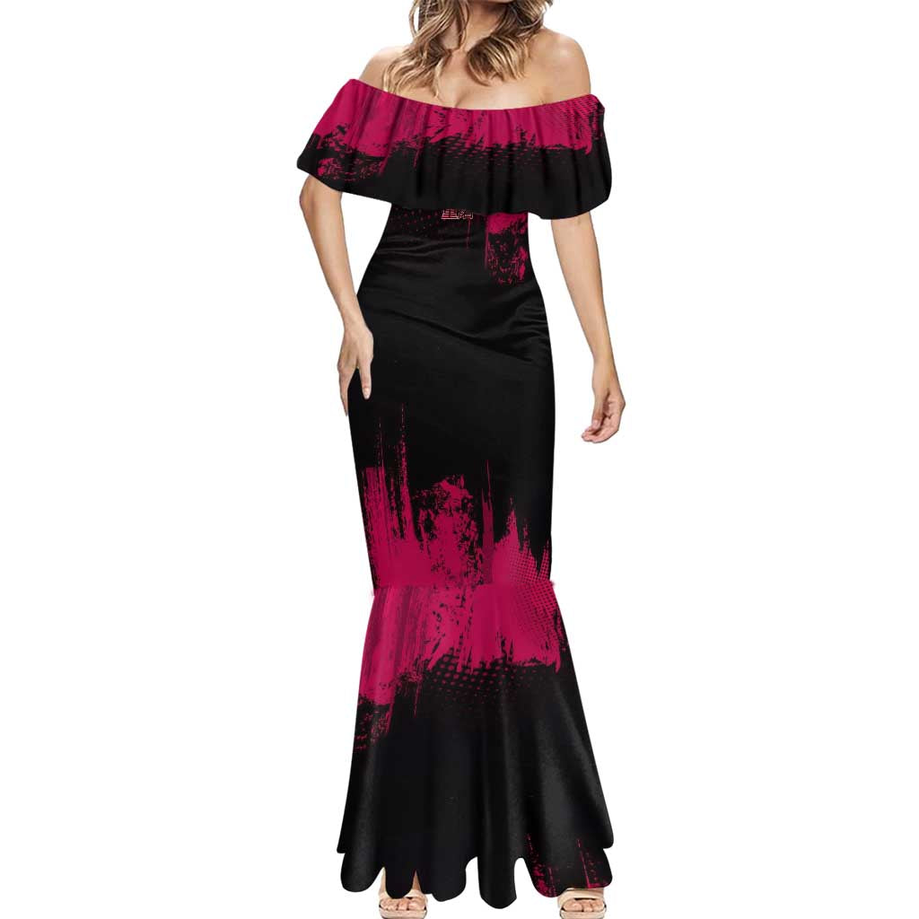 Douma Demon Slayer Red Grunge Design Mermaid Dress with Fan Pose and Piercing Eyes Detail - The Mazicc
