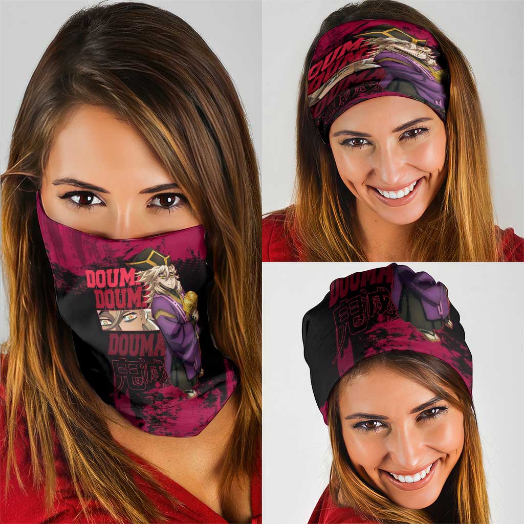 Douma Demon Slayer Red Grunge Design Neck Gaiter with Fan Pose and Piercing Eyes Detail - The Mazicc