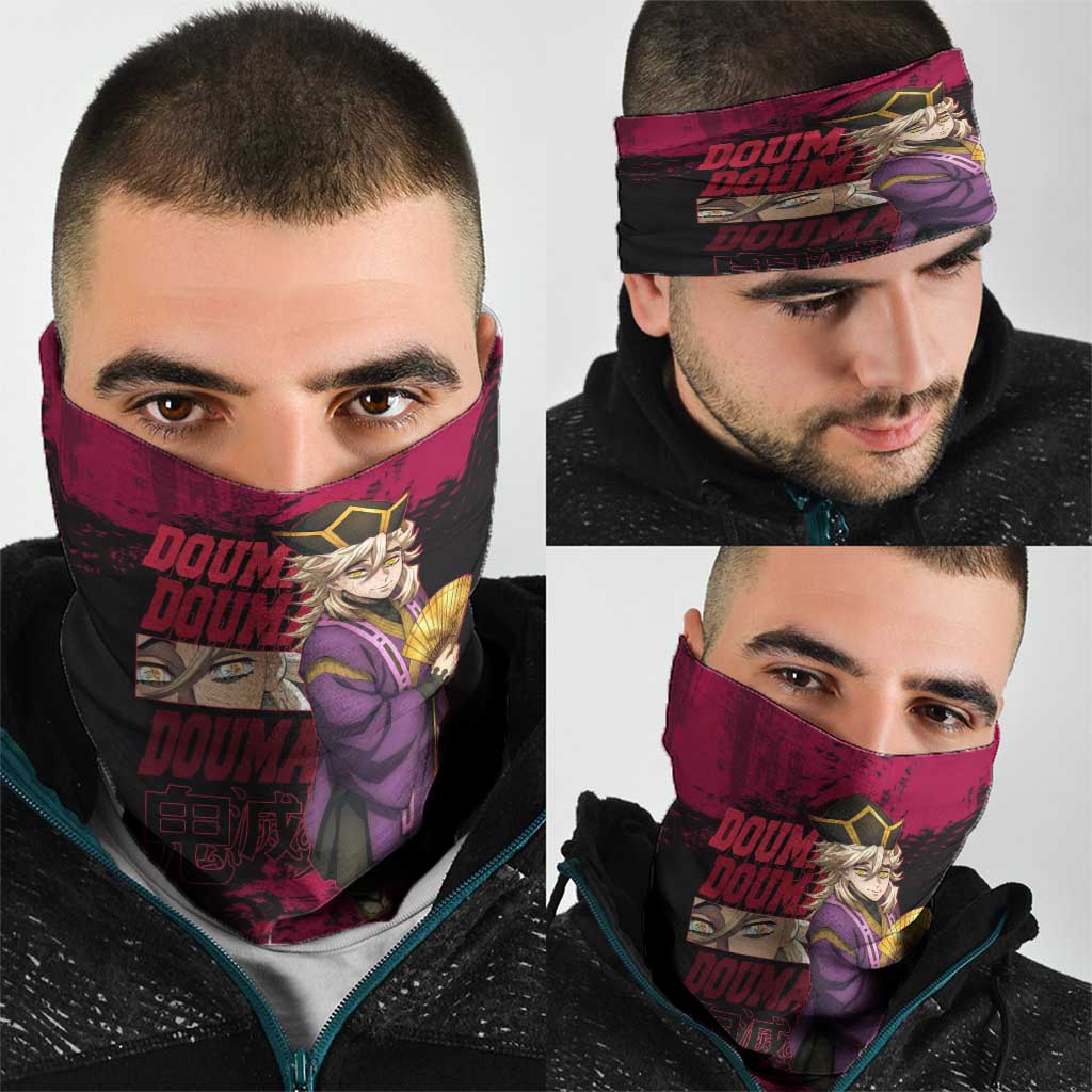 Douma Demon Slayer Red Grunge Design Neck Gaiter with Fan Pose and Piercing Eyes Detail - The Mazicc