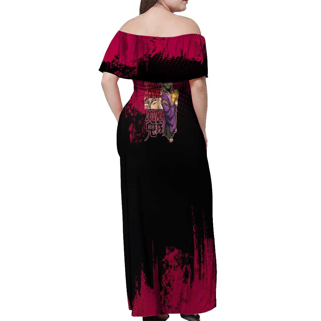 Douma Demon Slayer Red Grunge Design Off Shoulder Maxi Dress with Fan Pose and Piercing Eyes Detail - The Mazicc