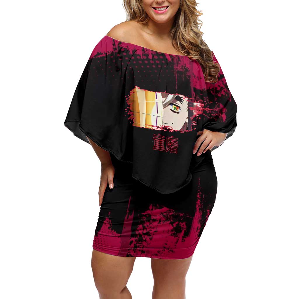 Douma Demon Slayer Red Grunge Design Off Shoulder Short Dress with Fan Pose and Piercing Eyes Detail - The Mazicc