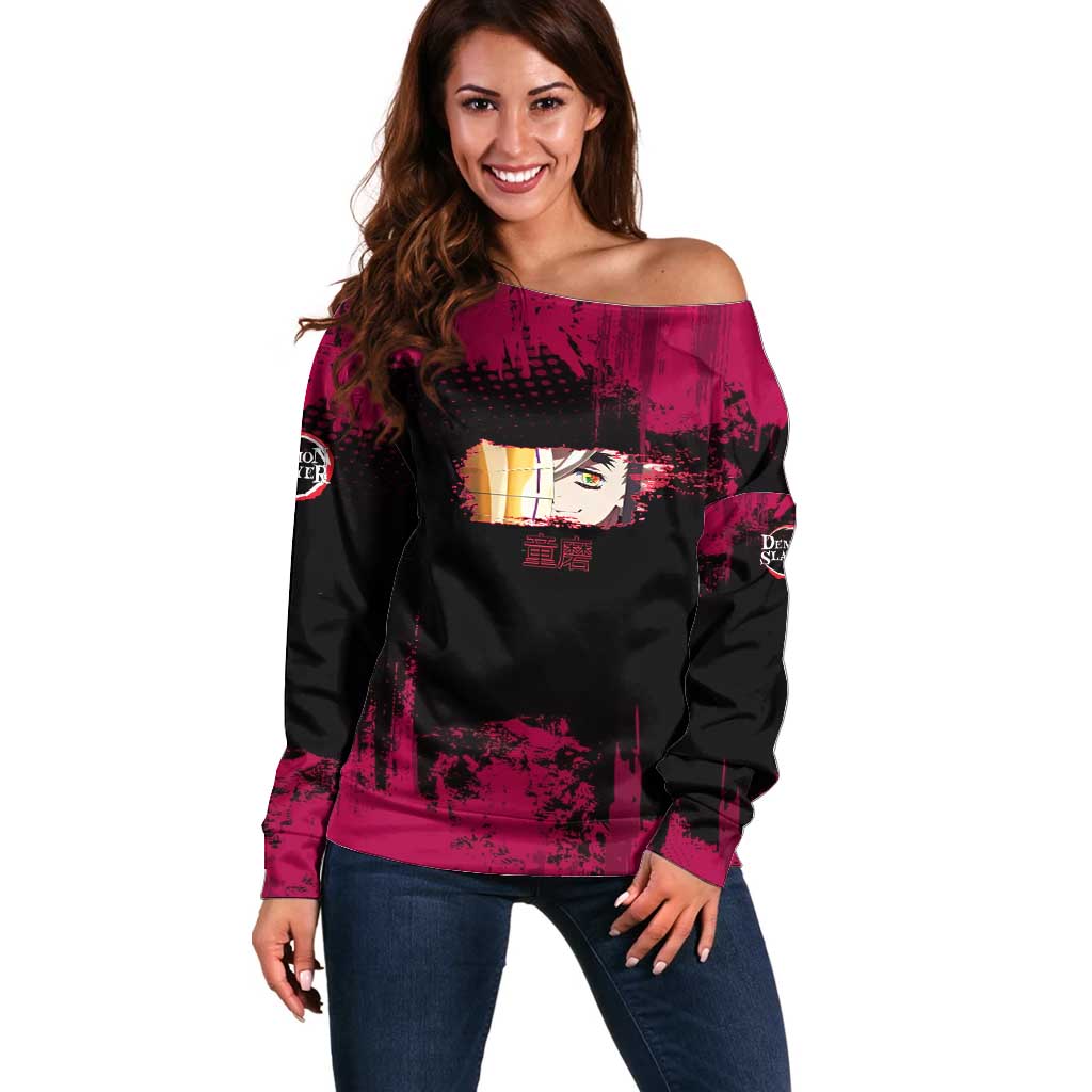 Douma Demon Slayer Red Grunge Design Off Shoulder Sweater with Fan Pose and Piercing Eyes Detail - The Mazicc
