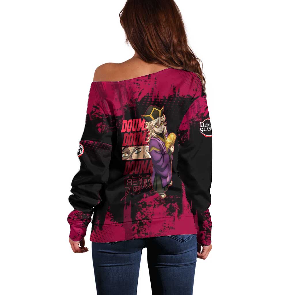 Douma Demon Slayer Red Grunge Design Off Shoulder Sweater with Fan Pose and Piercing Eyes Detail - The Mazicc