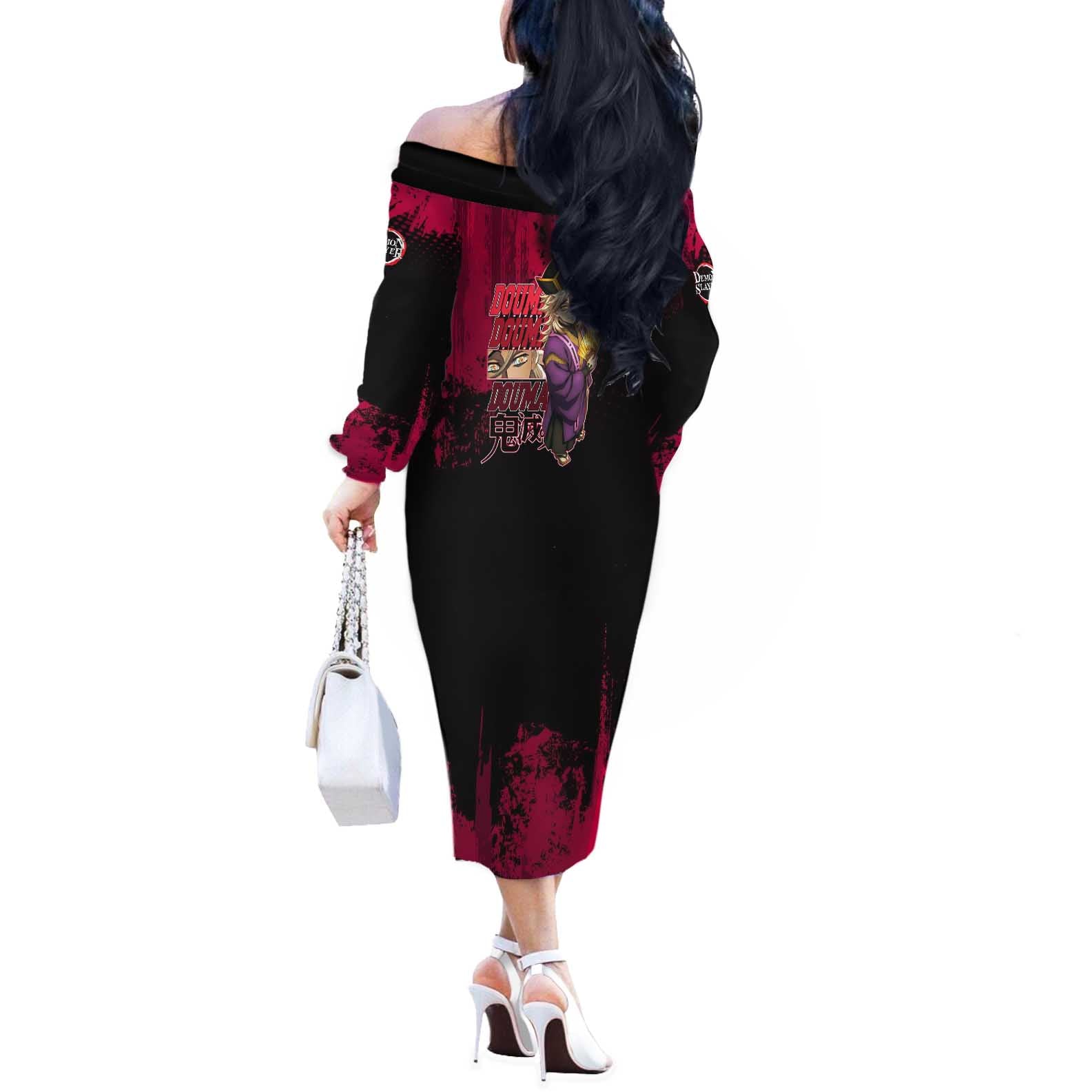 Douma Demon Slayer Red Grunge Design Off The Shoulder Long Sleeve Dress with Fan Pose and Piercing Eyes Detail - The Mazicc