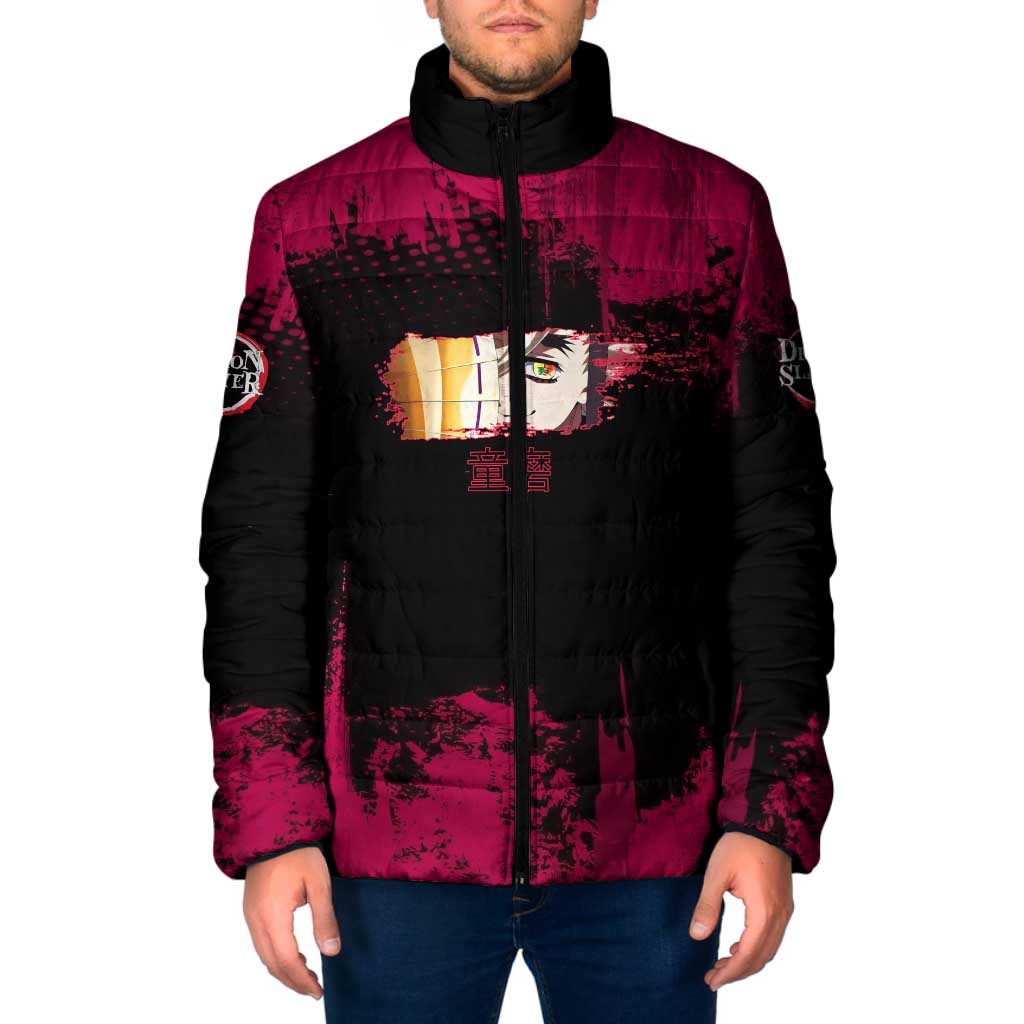 Douma Demon Slayer Red Grunge Design Padded Jacket with Fan Pose and Piercing Eyes Detail - The Mazicc