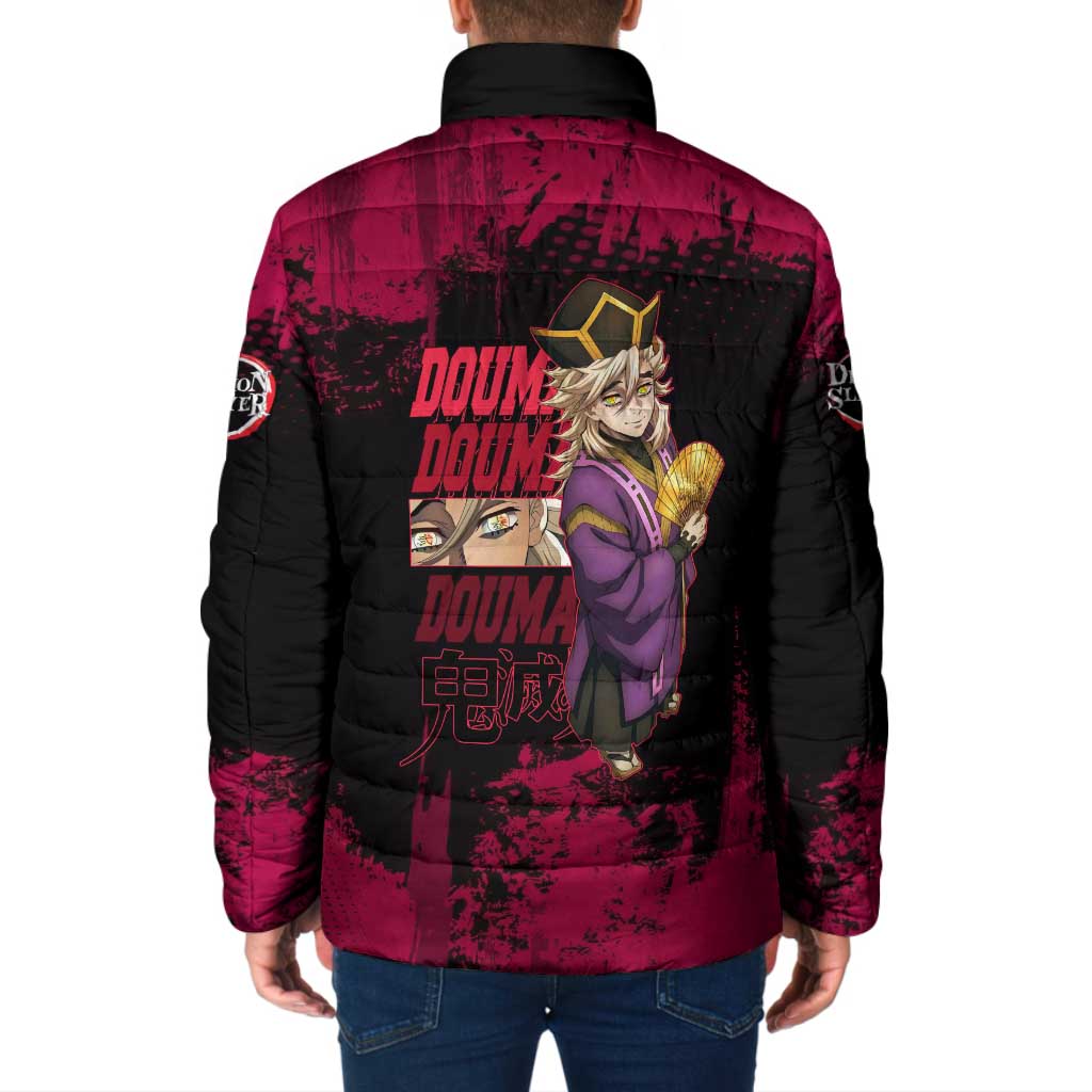 Douma Demon Slayer Red Grunge Design Padded Jacket with Fan Pose and Piercing Eyes Detail - The Mazicc