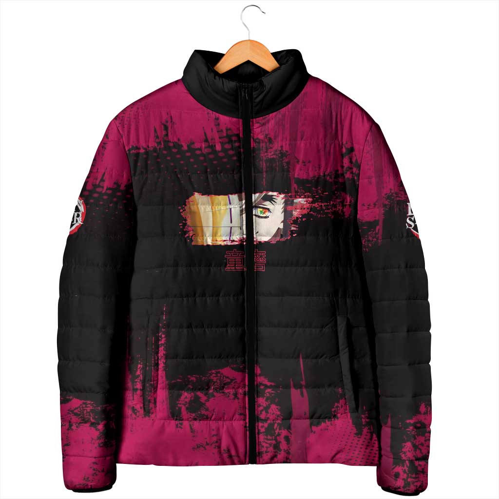 Douma Demon Slayer Red Grunge Design Padded Jacket with Fan Pose and Piercing Eyes Detail - The Mazicc
