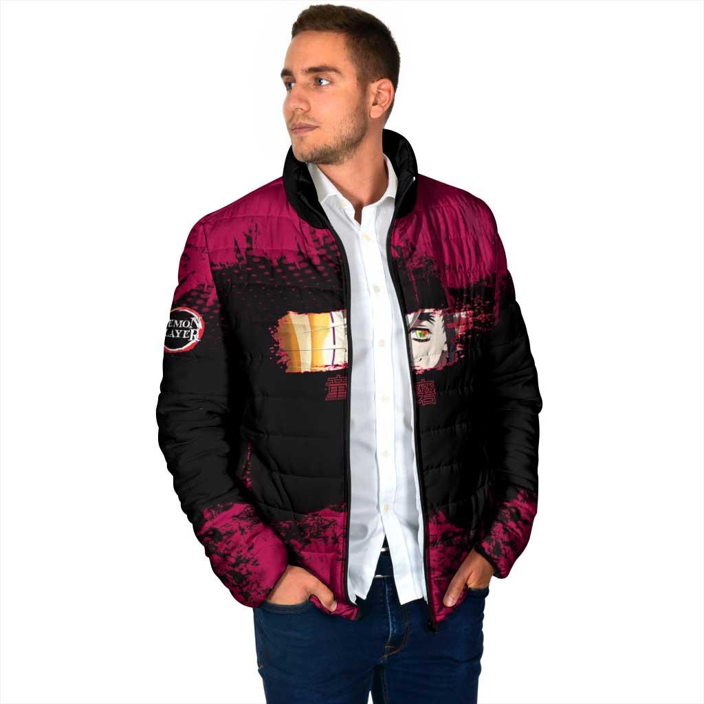 Douma Demon Slayer Red Grunge Design Padded Jacket with Fan Pose and Piercing Eyes Detail - The Mazicc