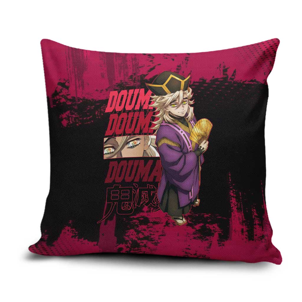 Douma Demon Slayer Red Grunge Design Pillow Cover with Fan Pose and Piercing Eyes Detail - The Mazicc