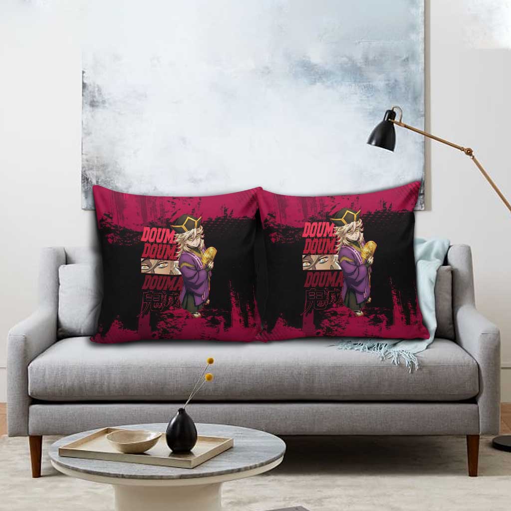 Douma Demon Slayer Red Grunge Design Pillow Cover with Fan Pose and Piercing Eyes Detail - The Mazicc
