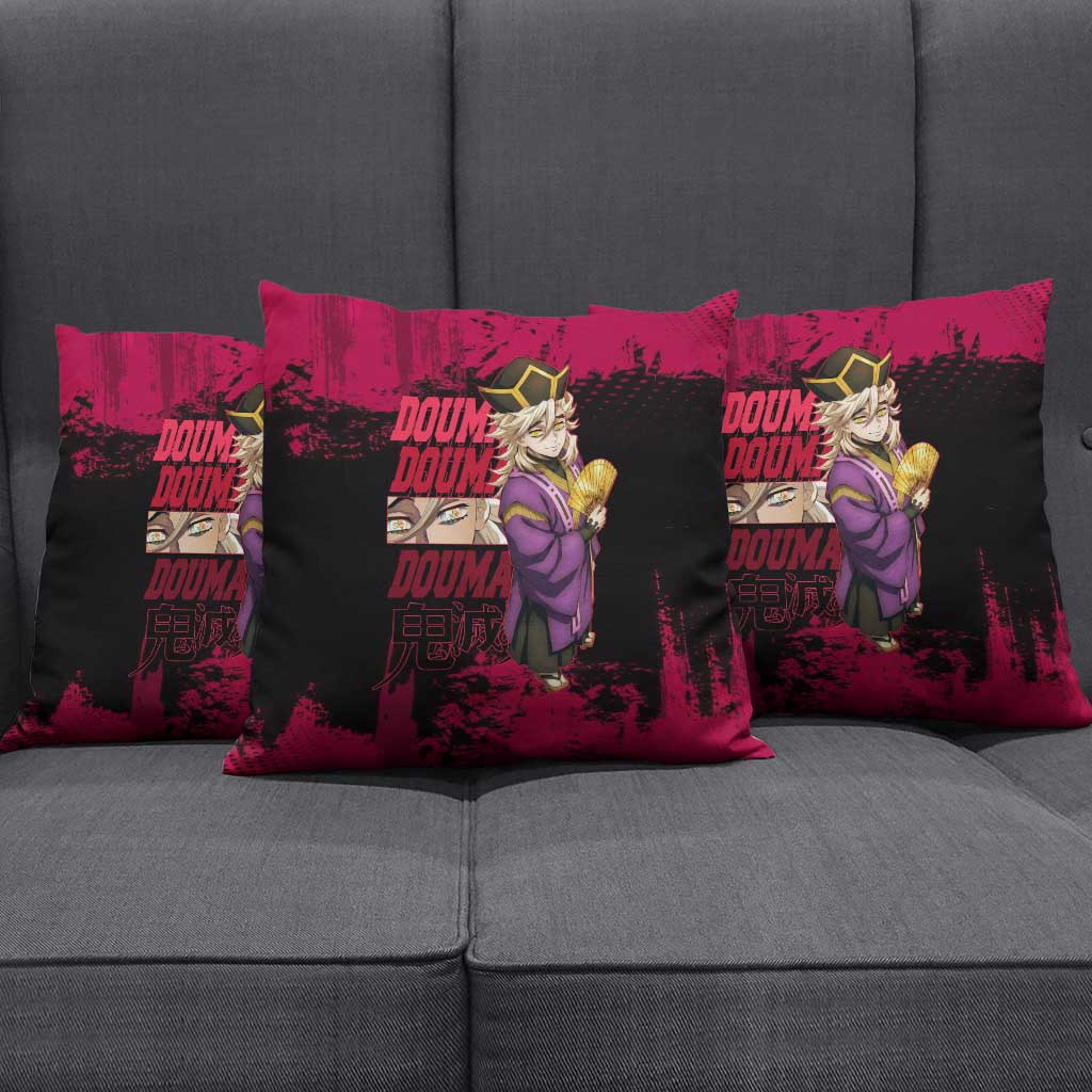 Douma Demon Slayer Red Grunge Design Pillow Cover with Fan Pose and Piercing Eyes Detail - The Mazicc
