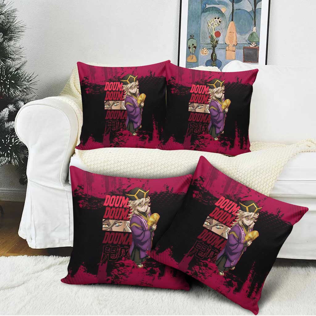 Douma Demon Slayer Red Grunge Design Pillow Cover with Fan Pose and Piercing Eyes Detail - The Mazicc